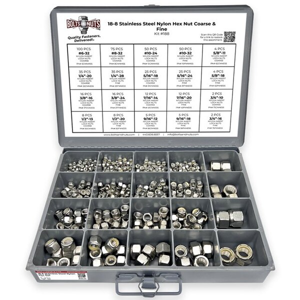 Boltsandnuts.Com Inch Stainless Steel Nylon Insert Hex Nut Coarse & Fine - 490 pcs Assortment Kit #188 - main